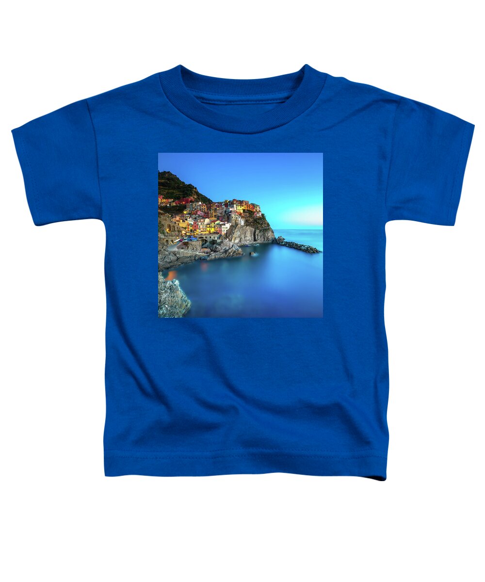 Manarola Toddler T-Shirt featuring the photograph Manarola Blue Hour II by Stefano Orazzini