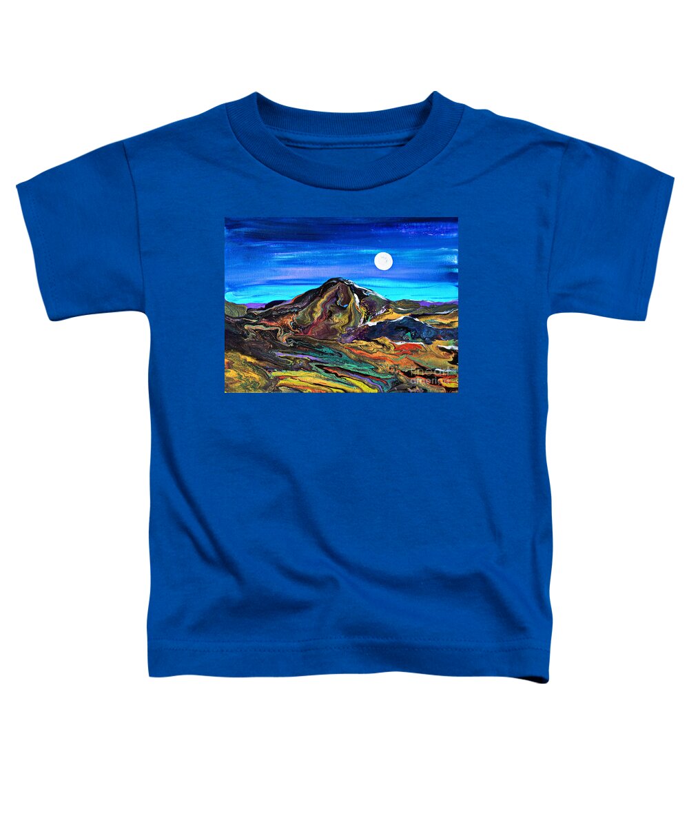 Full Moon Night Scene Landscape Dynamic Colorful Organic Dimensional Dramatic Mountain Toddler T-Shirt featuring the painting Moon Mountain #6714 A by Priscilla Batzell Expressionist Art Studio Gallery