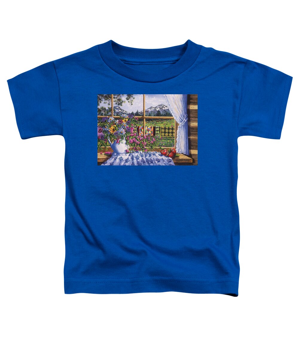 Log Cabin Toddler T-Shirt featuring the painting Quilted View by Diane Phalen