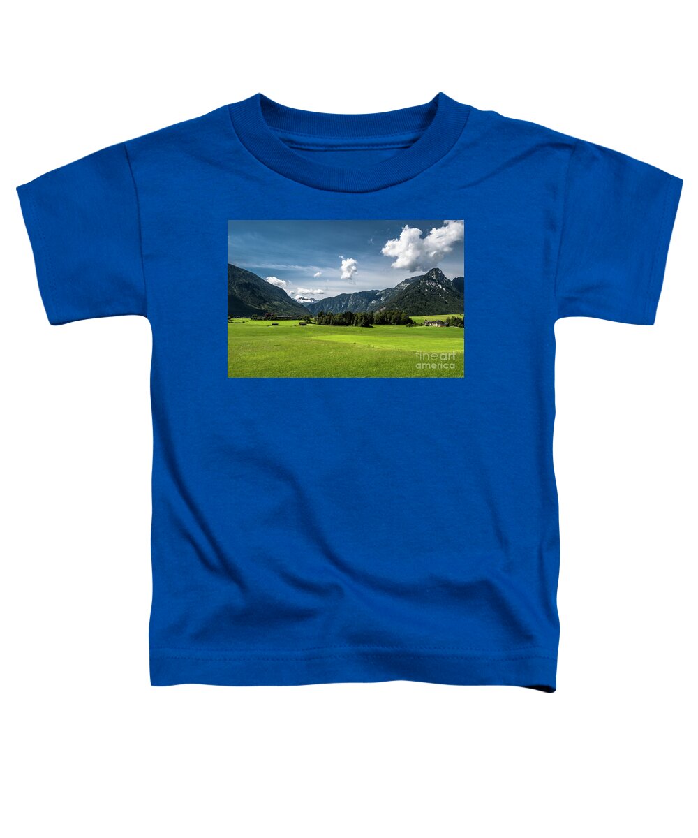 Austria Toddler T-Shirt featuring the photograph Rural Landscape With Houses In Front Of Mountain Dachstein In The Alps Of Austria by Andreas Berthold