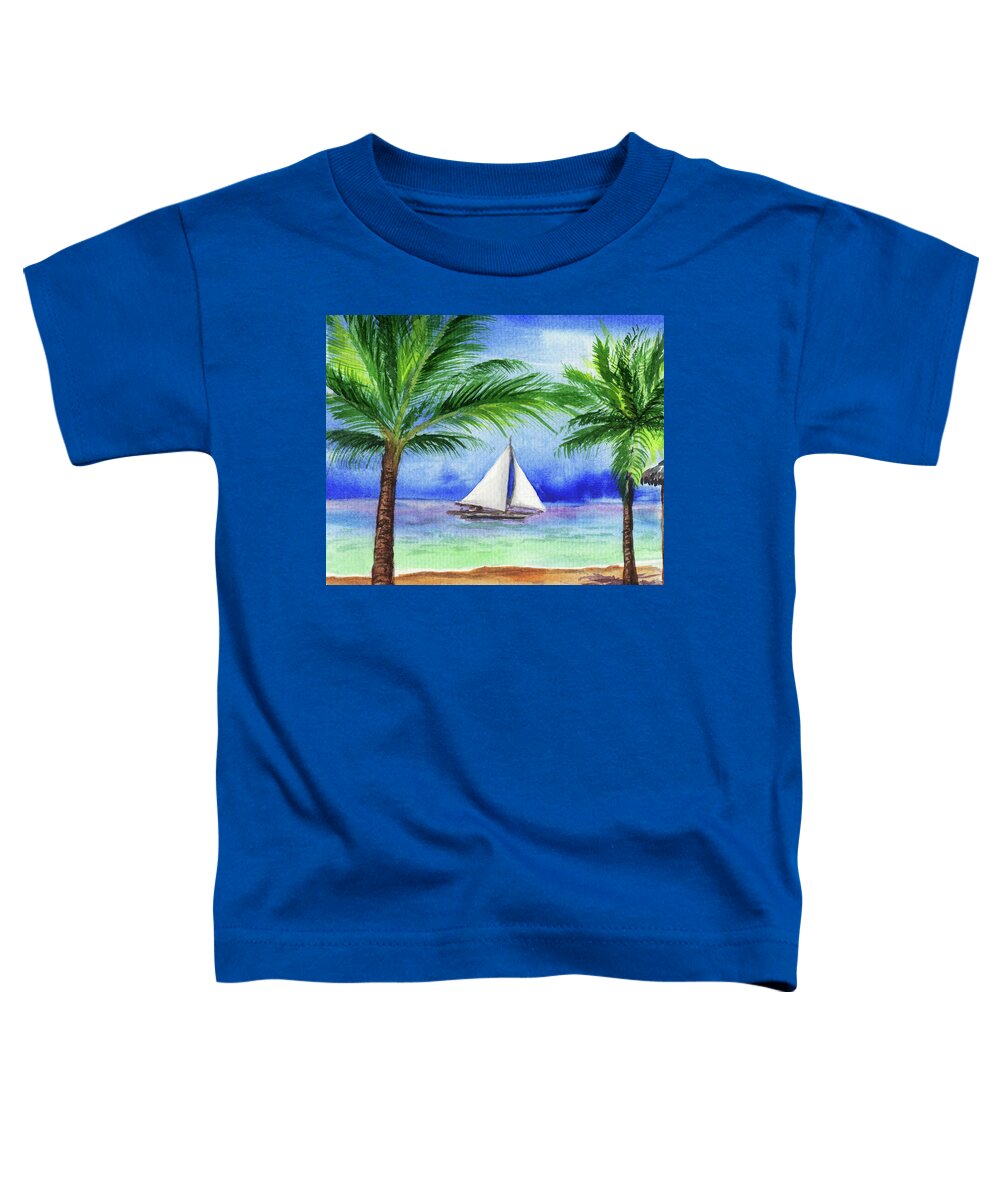 Sail Boat Toddler T-Shirt featuring the painting Sailboat Beach Ocean Tropical Paradise Watercolor Landscape by Irina Sztukowski