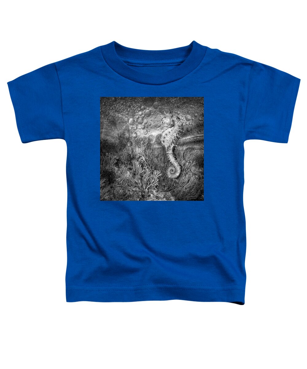 Animals Toddler T-Shirt featuring the photograph Seahorse at the Reef Black and White by Debra and Dave Vanderlaan
