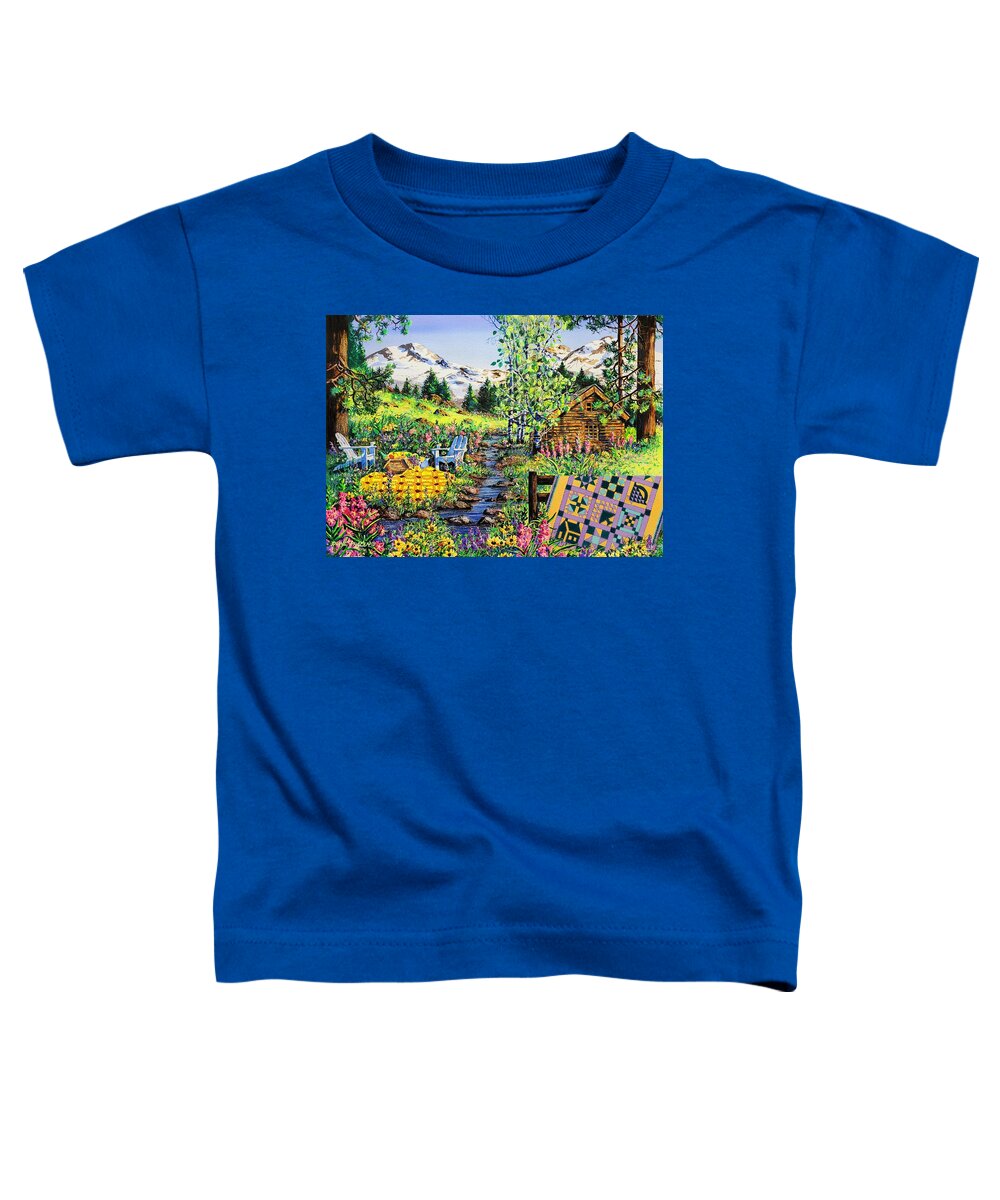 Log Cabin Toddler T-Shirt featuring the painting Sisters Sampler by Diane Phalen