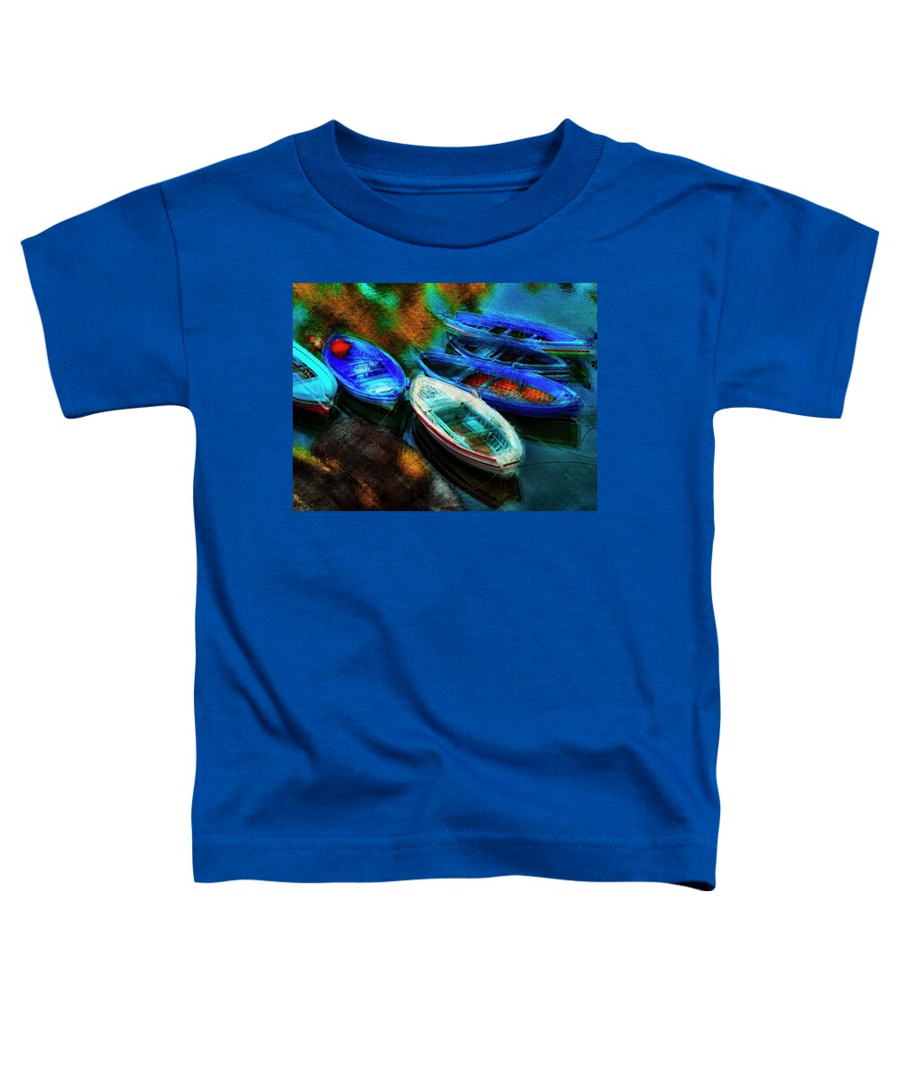 Rowboat Toddler T-Shirt featuring the photograph Five boats at sunset by Al Fio Bonina