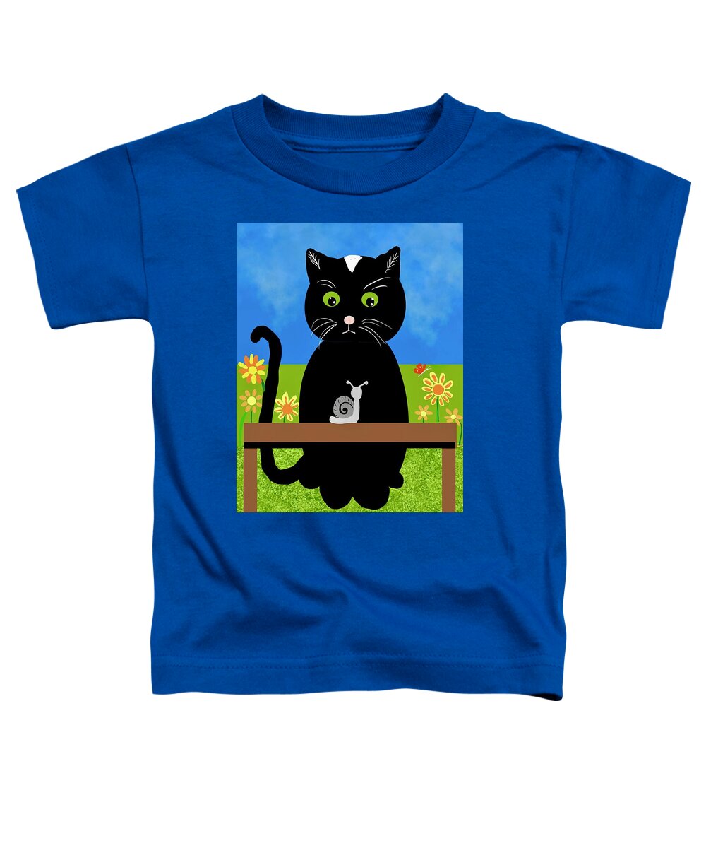 Cat Toddler T-Shirt featuring the digital art The curious cat and the snail by Elaine Hayward
