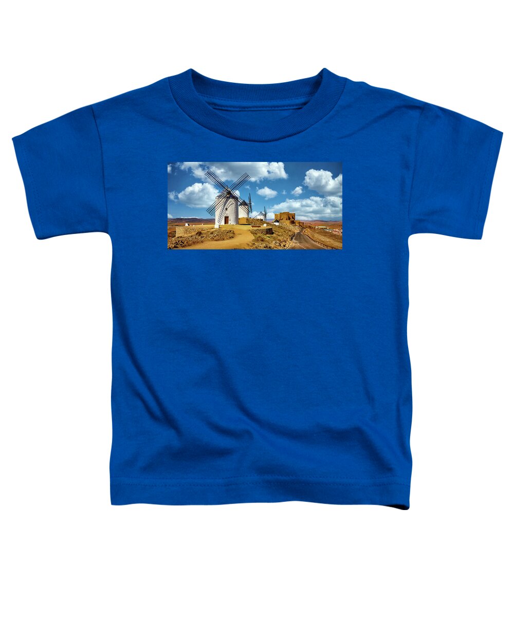 Windmills Toddler T-Shirt featuring the photograph Windmills at Castillo de Consuegra Spain_GRK2269_020620194001-clouds by Greg Kluempers