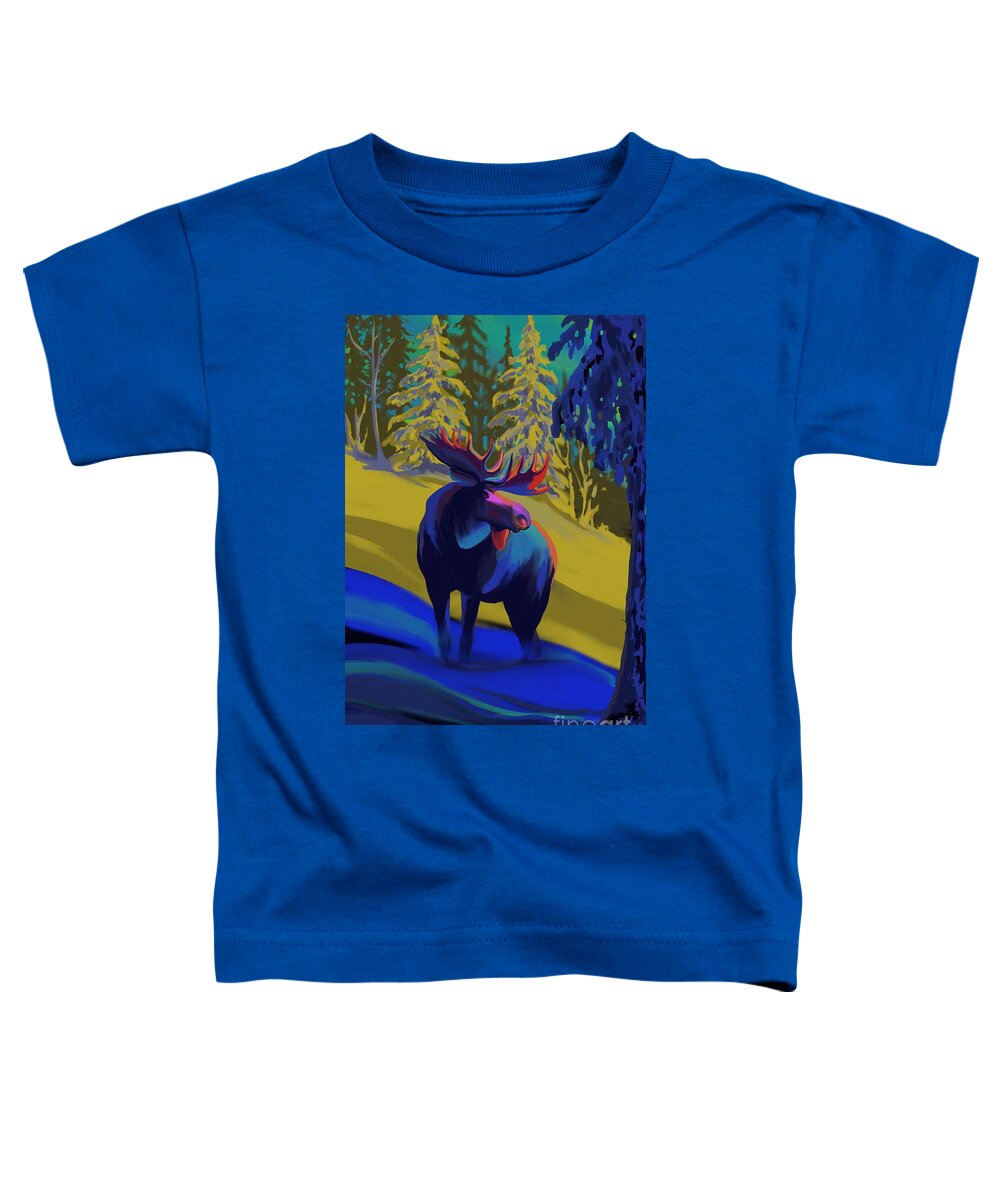 Moose Art Toddler T-Shirt featuring the painting Winter blue moose by Sassan Filsoof