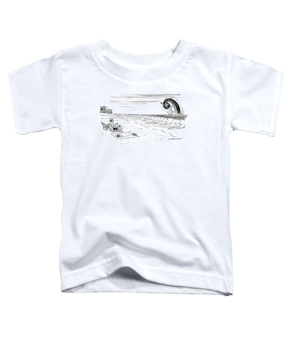 A Woman Swimming In The Ocean Is Trapped In A Beast's Long Tentacle. A Man Sitting On The Beach Looks Exasperated. Toddler T-Shirt featuring the drawing A Woman Swimming In The Ocean Is Trapped #1 by Nick Downes