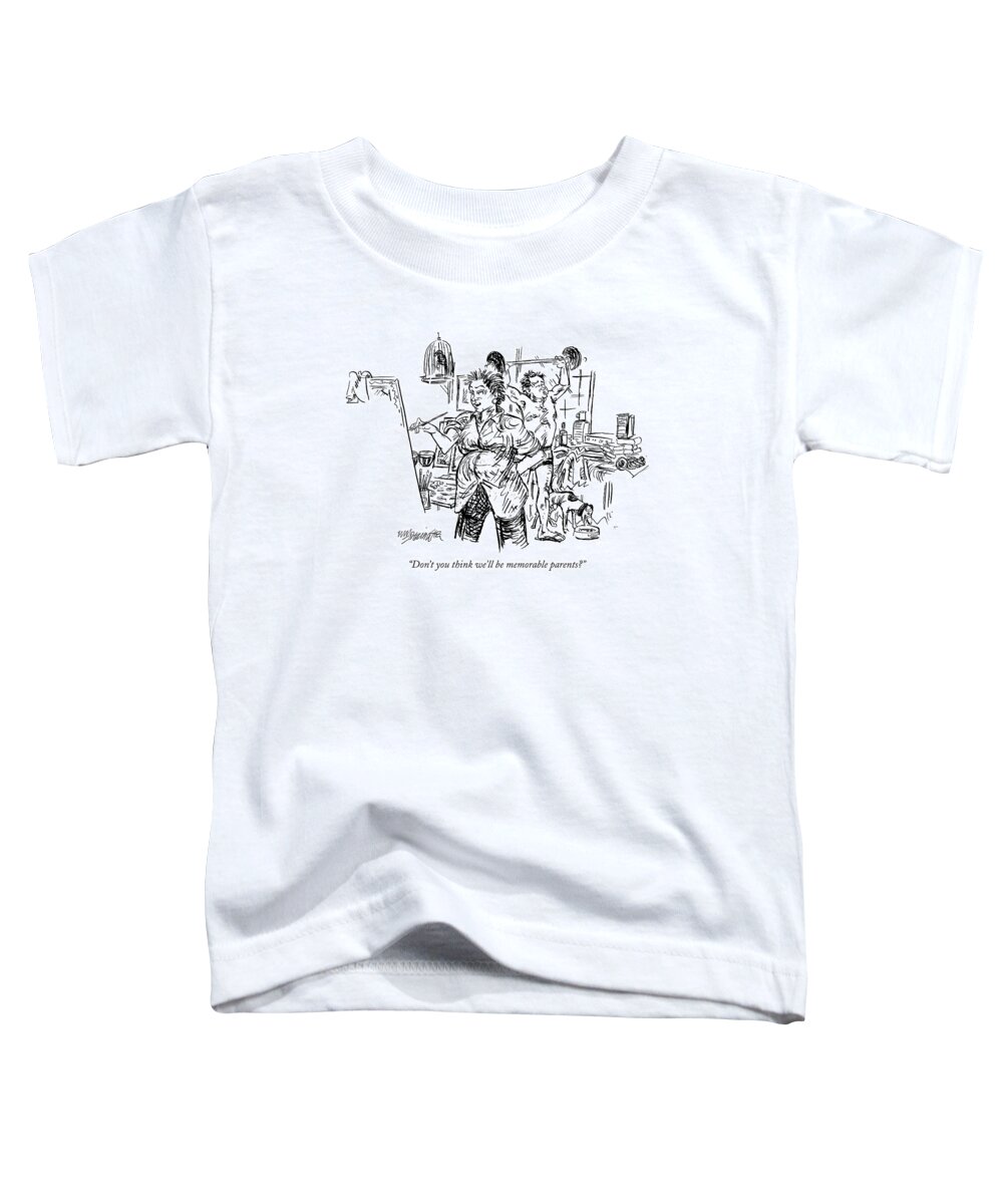 Parents Children Relationships Interiors Family

(pregnant Woman Painting With Shirtless Husband Lifting Weights In The Background.) 121034 Whm William Hamilton Toddler T-Shirt featuring the drawing Don't You Think We'll Be Memorable Parents? by William Hamilton