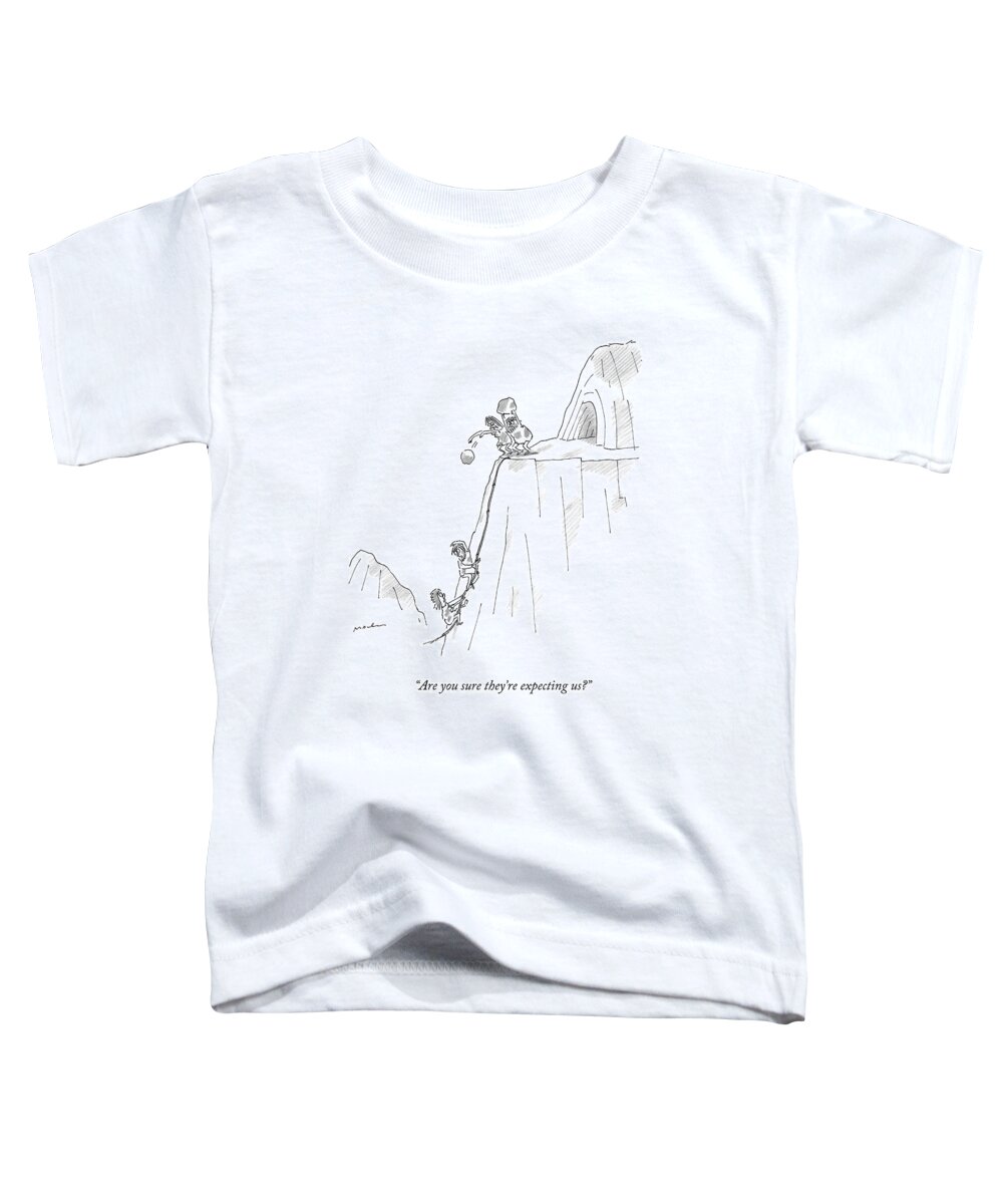 Dinner Parties Toddler T-Shirt featuring the drawing A Caveman And Woman Climb Up A Cliff by Michael Maslin