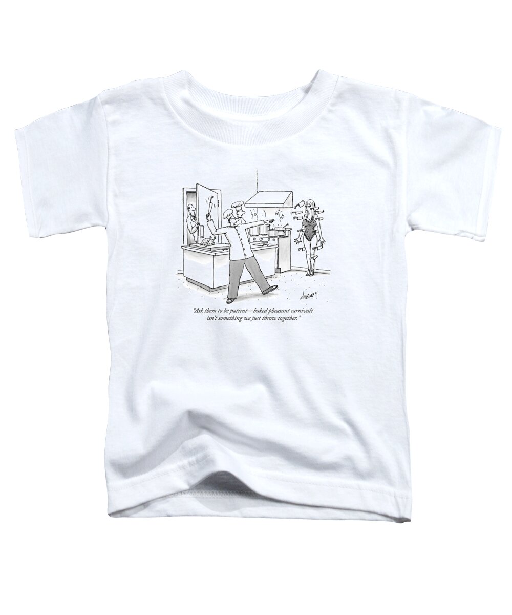 #condenastnewyorkercartoon Toddler T-Shirt featuring the drawing A Chef In The Kitchen Is Throwing Knives by Tom Cheney