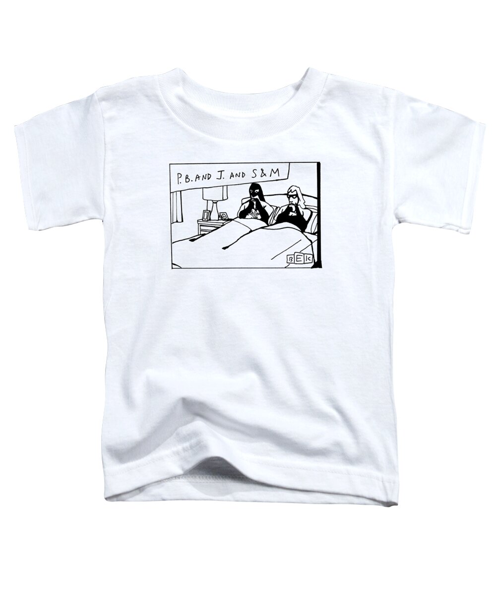 Bedroom Scenes Toddler T-Shirt featuring the drawing A Couple Wearing Leather Masks And Gloves Eating by Bruce Eric Kaplan