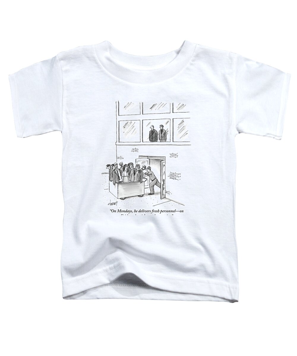 Workers Toddler T-Shirt featuring the drawing A Delivery Man Pushes A Cart Full Of Zombie-like by Tom Cheney