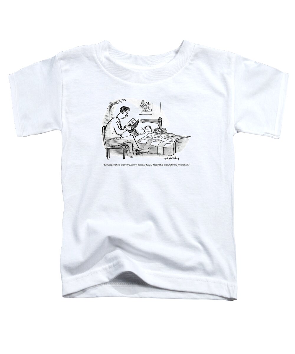 #condenastnewyorkercartoon Toddler T-Shirt featuring the drawing A Father Tucks His Son Into Bed With A Bedtime by Mike Twohy