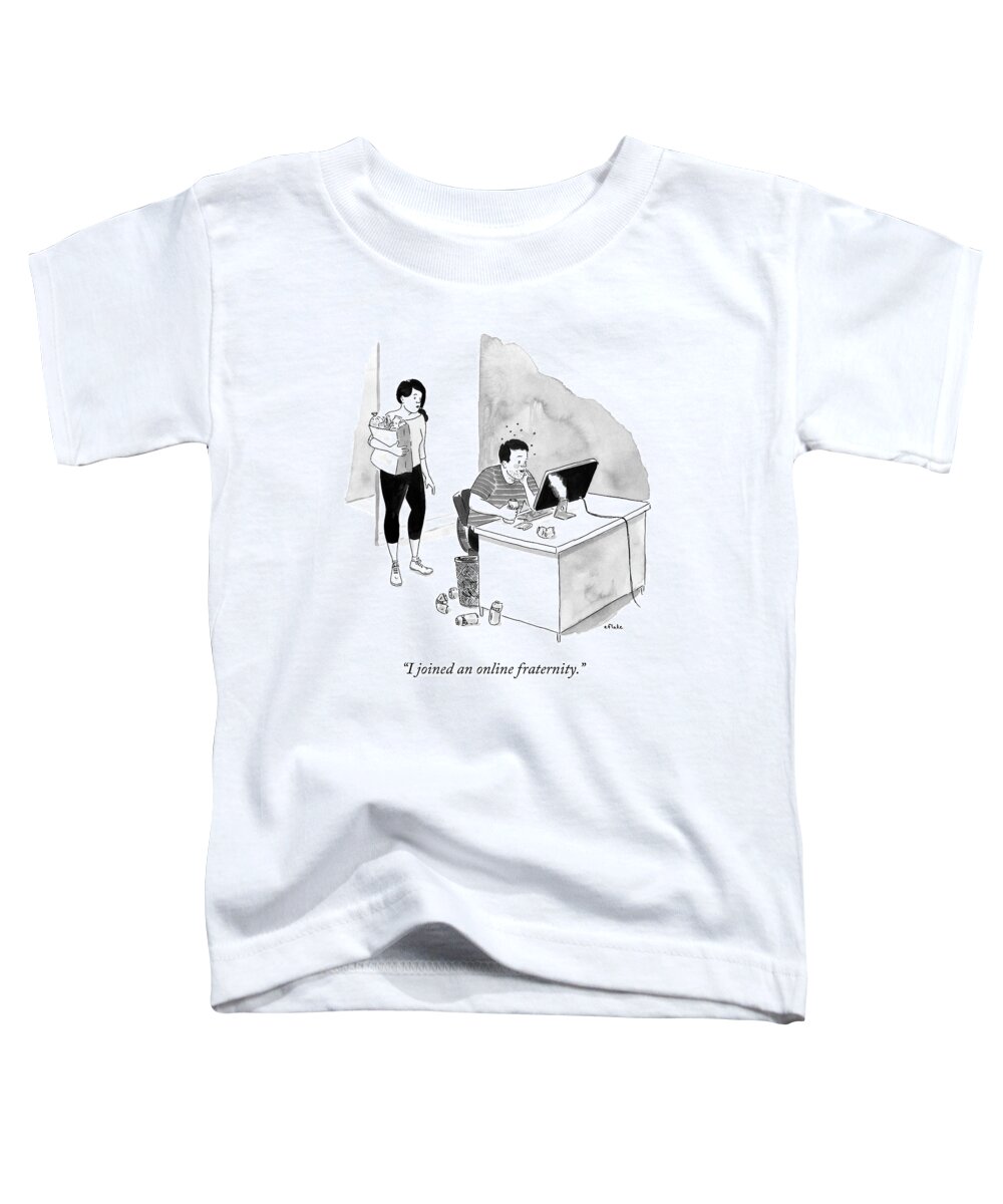 Frat Toddler T-Shirt featuring the drawing A Man Chugs Beers In Front Of His Laptop by Emily Flake