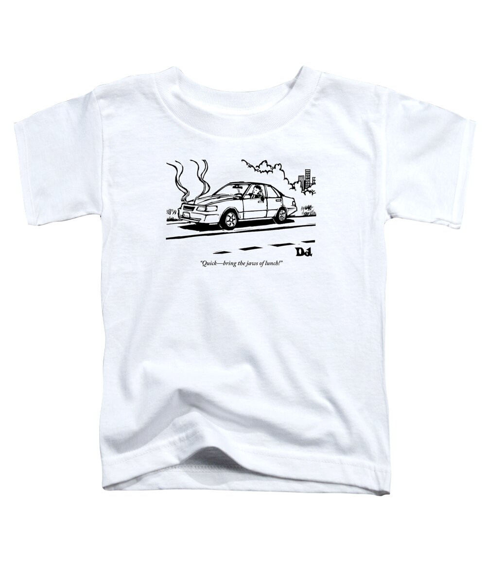 Jaws Of Life Toddler T-Shirt featuring the drawing A Man Talks On His Cellphone In A Broken Down Car by Drew Dernavich