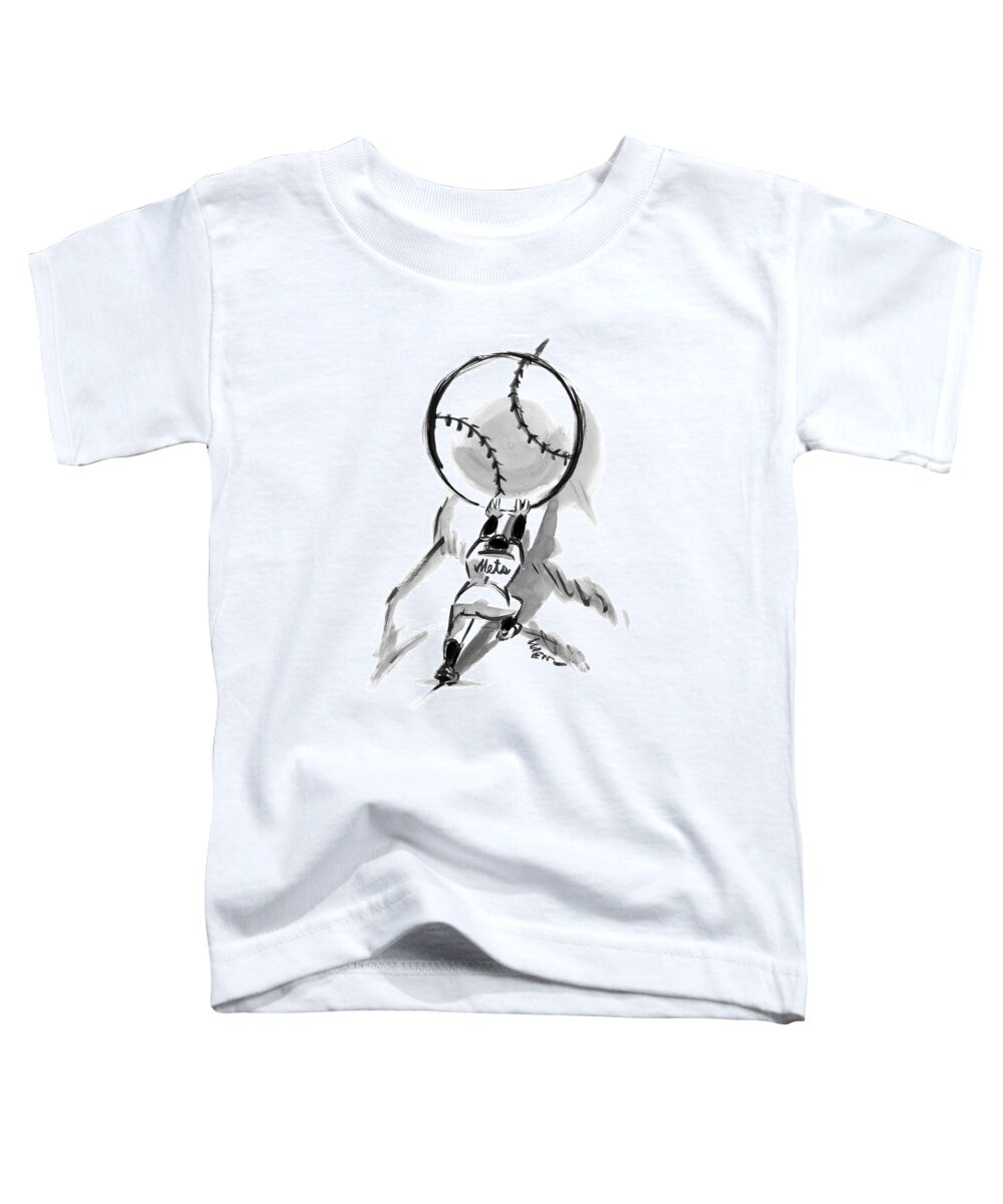 Sisyphus Toddler T-Shirt featuring the drawing A Mets Player Pushes A Giant Baseball by Lee Lorenz