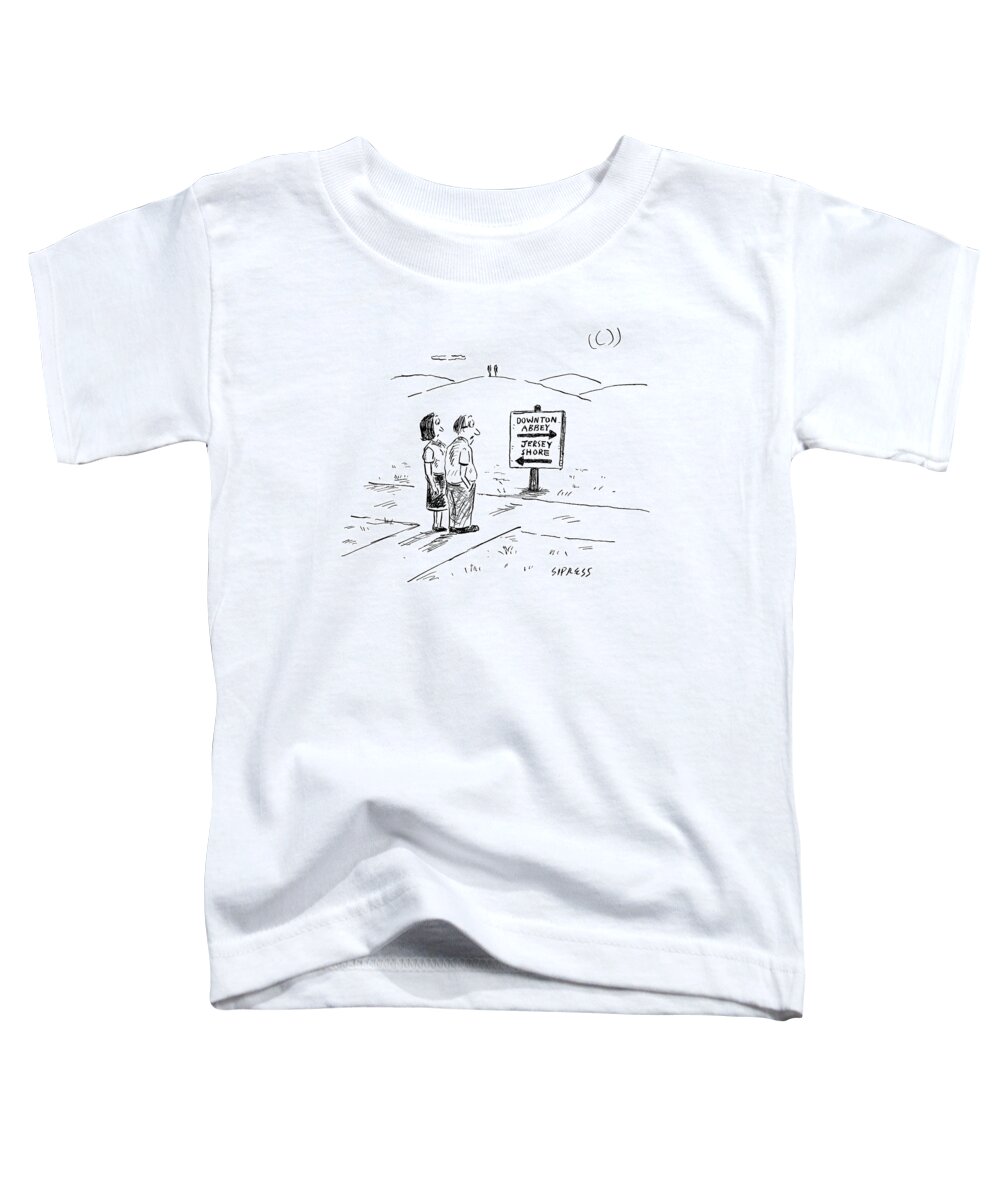 Downton Abbey. Jersey Shore. Tv-reality Toddler T-Shirt featuring the drawing A Middle-aged Couple Stand At A Road Sign by David Sipress