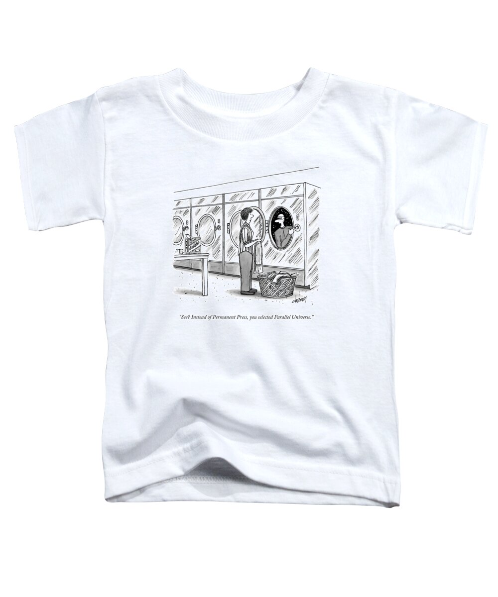 Laundry Toddler T-Shirt featuring the drawing A Woman Doing Laundry With A Spaceman Coming by Tom Cheney