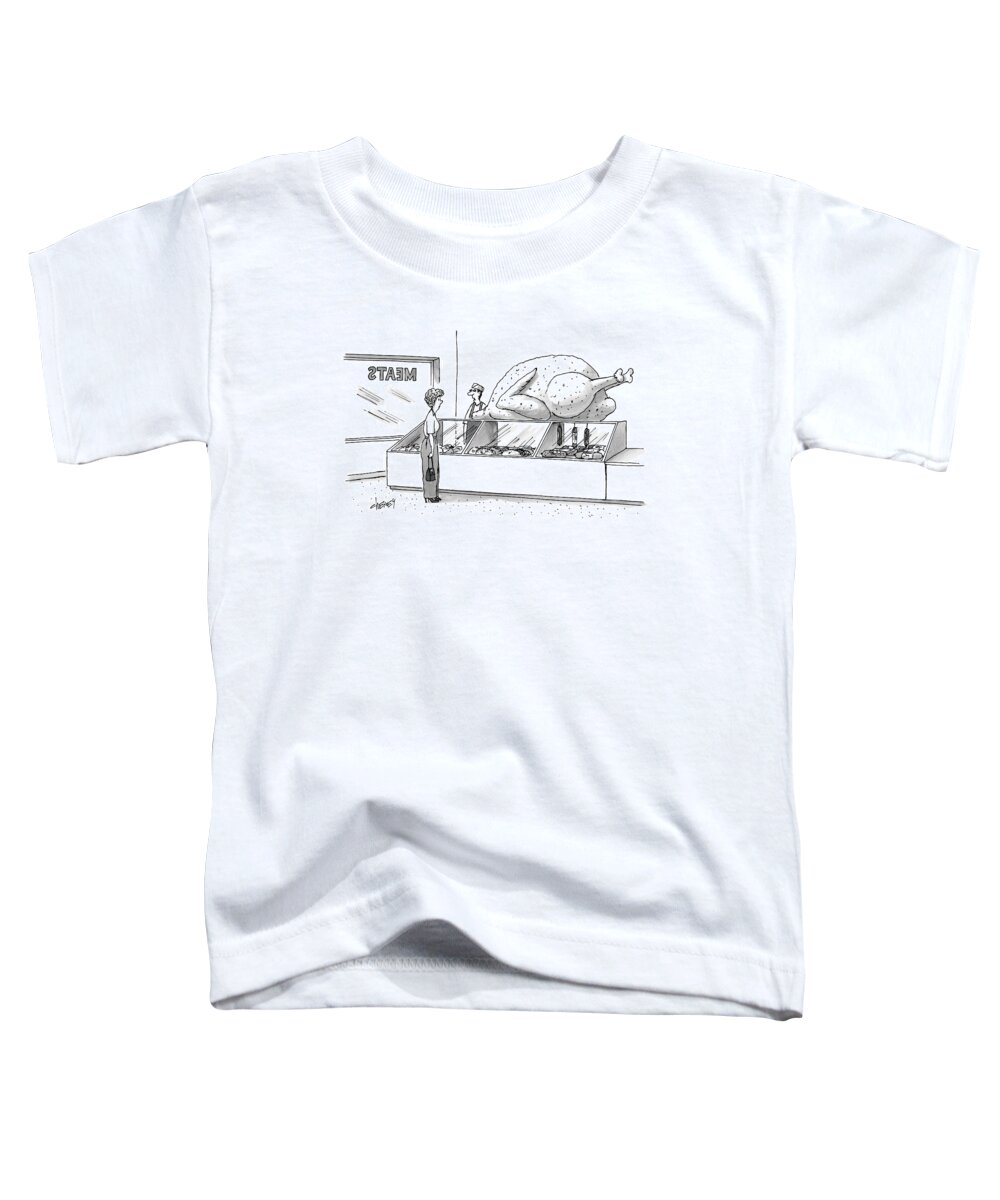 Cctk Toddler T-Shirt featuring the drawing A Woman In A Butcher Shop Stares At A Gigantic by Tom Cheney