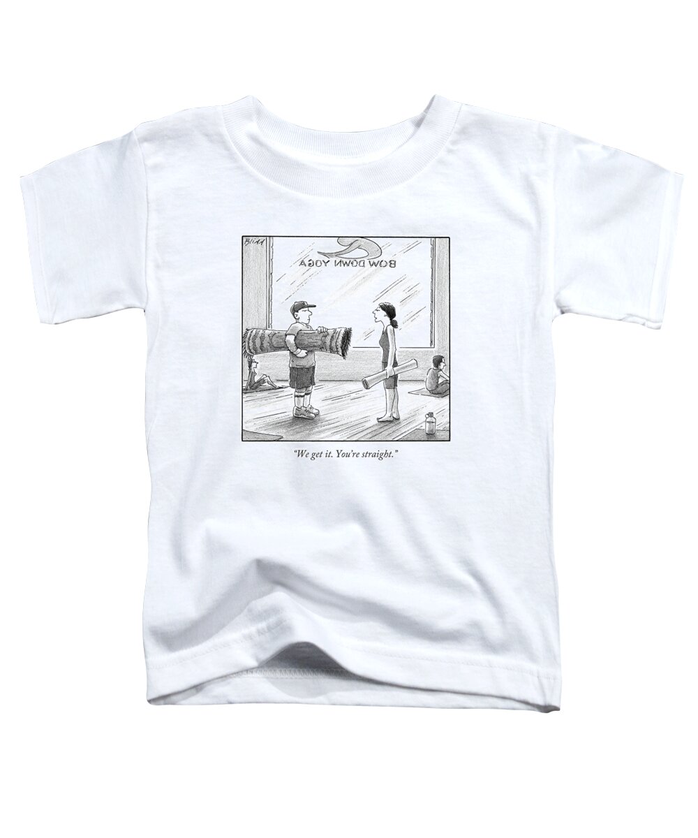 Cctk Toddler T-Shirt featuring the drawing A Woman In A Yoga Studio Holding A Mat Speaks by Harry Bliss