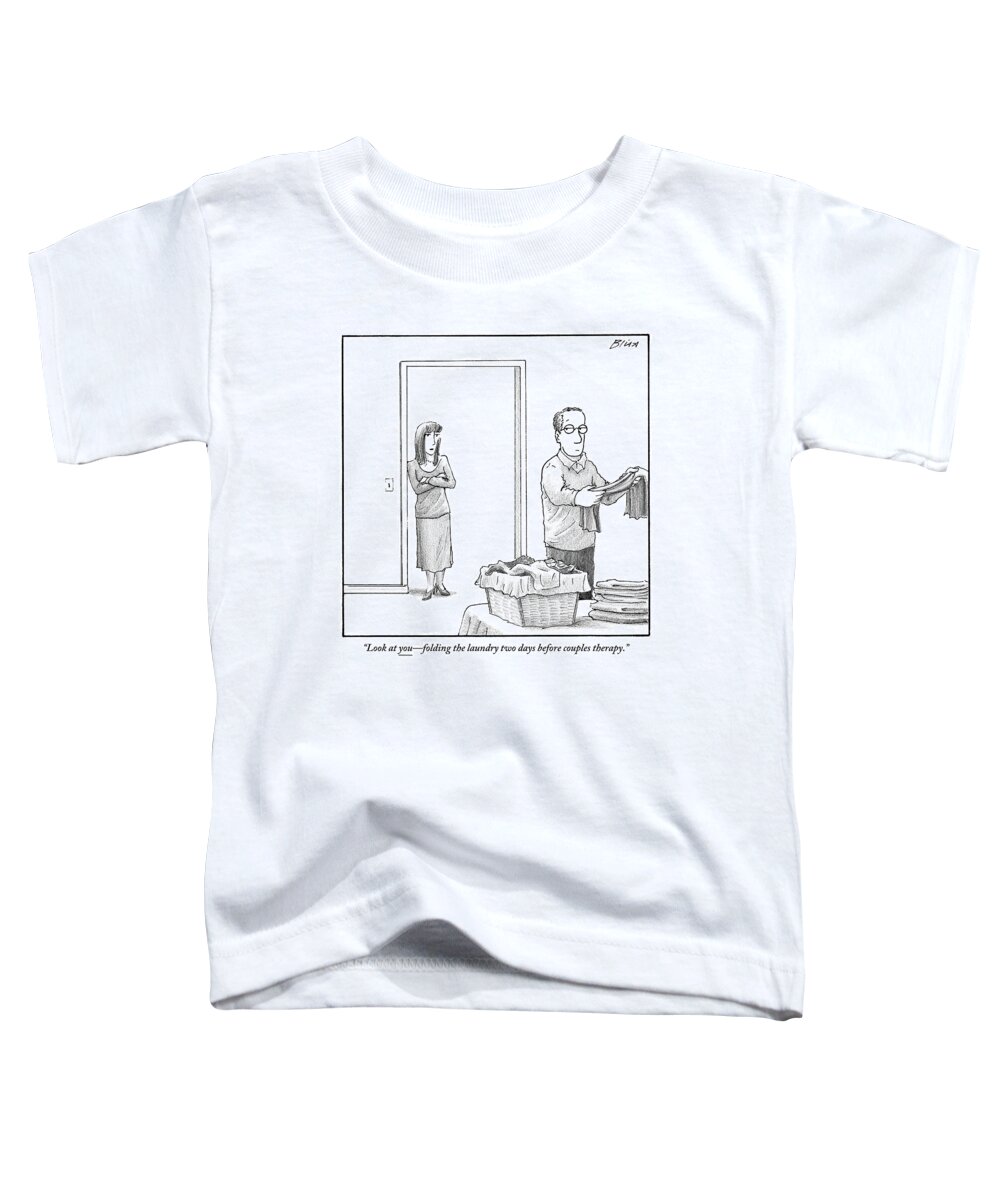 Laundry Toddler T-Shirt featuring the drawing A Woman Stands In The Doorway Talking by Harry Bliss