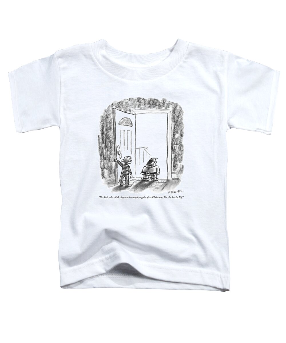 Holidays Toddler T-Shirt featuring the drawing An Elf Arrives At A Child's Front Door by Pat Byrnes
