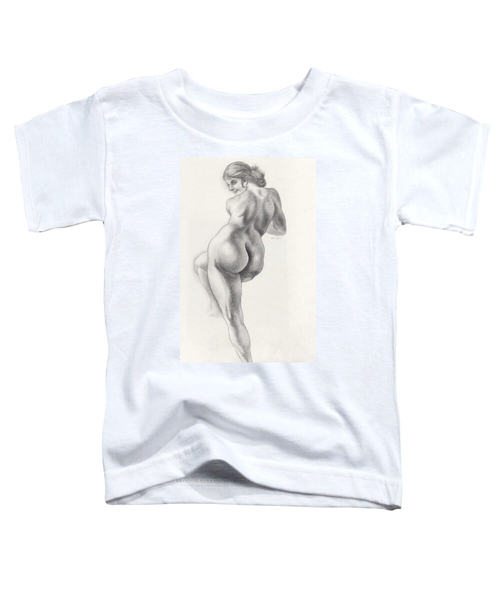 Nude Toddler T-Shirt featuring the drawing Angelina in 5B Standing Nude Leaning onto an Art-Studio Pedestal Laughing Softly by Scott Kirkman