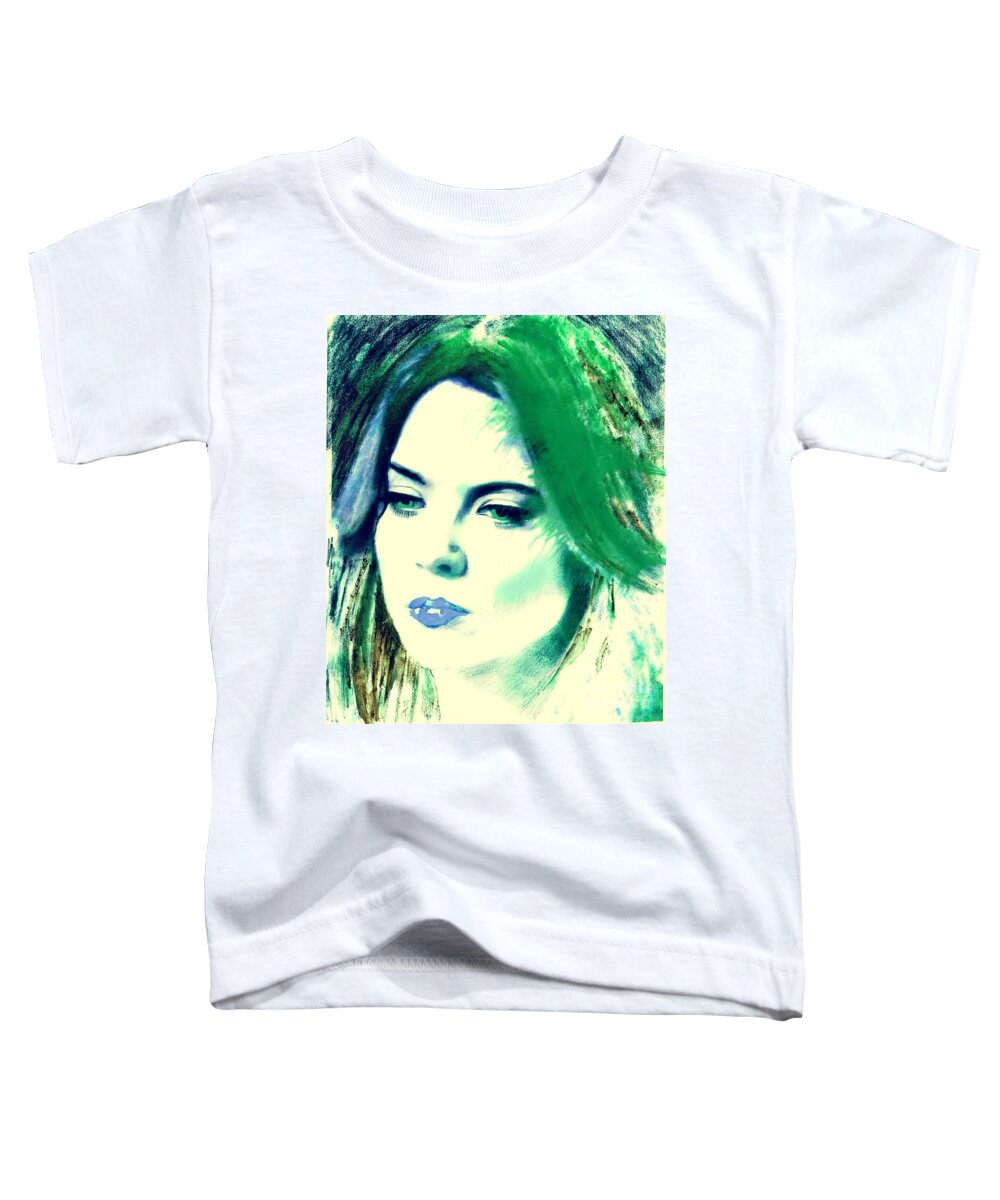 Portrait Toddler T-Shirt featuring the mixed media Blue lips on Green by Kim Prowse
