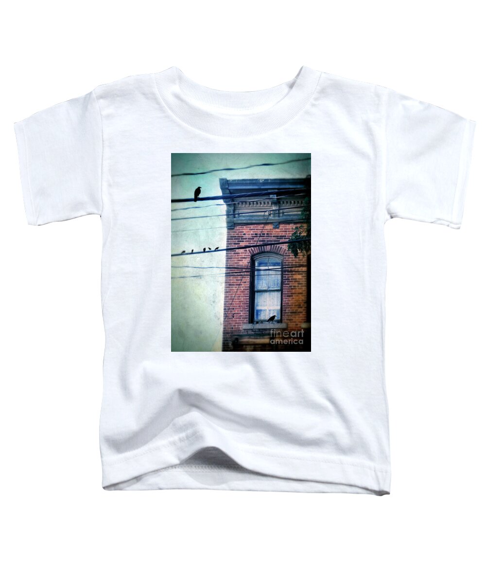 House Toddler T-Shirt featuring the photograph Brick Building Birds on Wires by Jill Battaglia