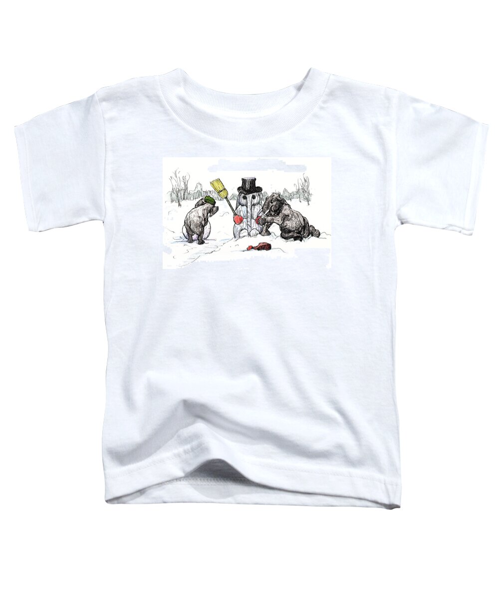 Pen And Ink Toddler T-Shirt featuring the painting Building a Snow Elephant by Donna Tucker