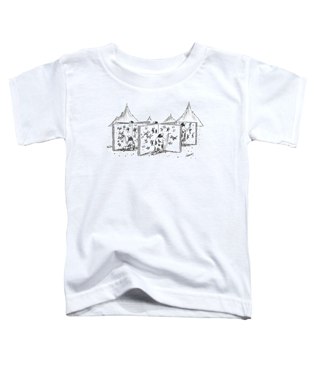 Cavemen Toddler T-Shirt featuring the drawing Cavemen Are Seen Carving Into Walls In The Form by Tom Cheney