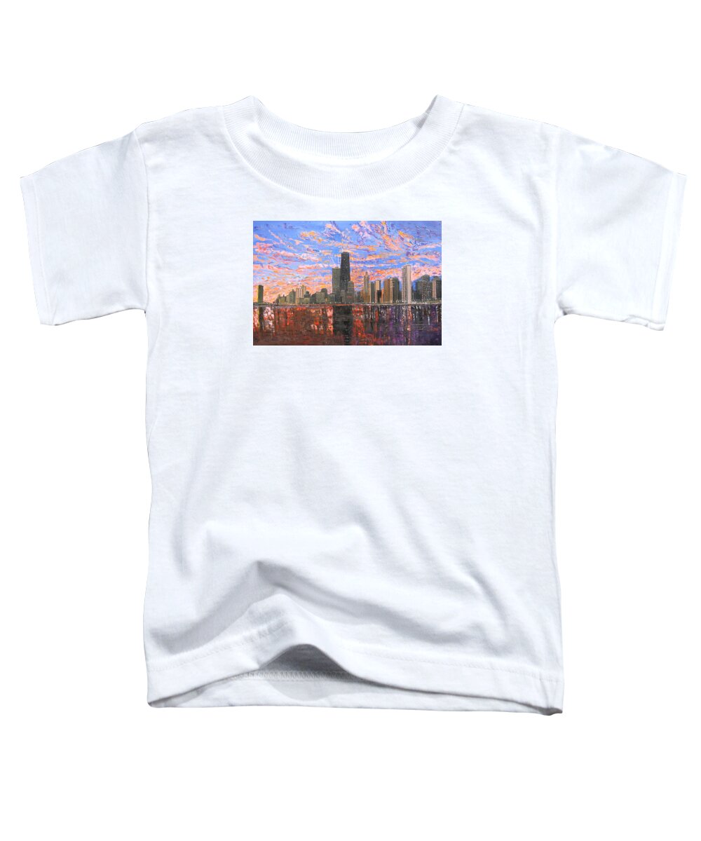 Chicago Toddler T-Shirt featuring the painting Chicago Skyline - Lake Michigan by Mike Rabe