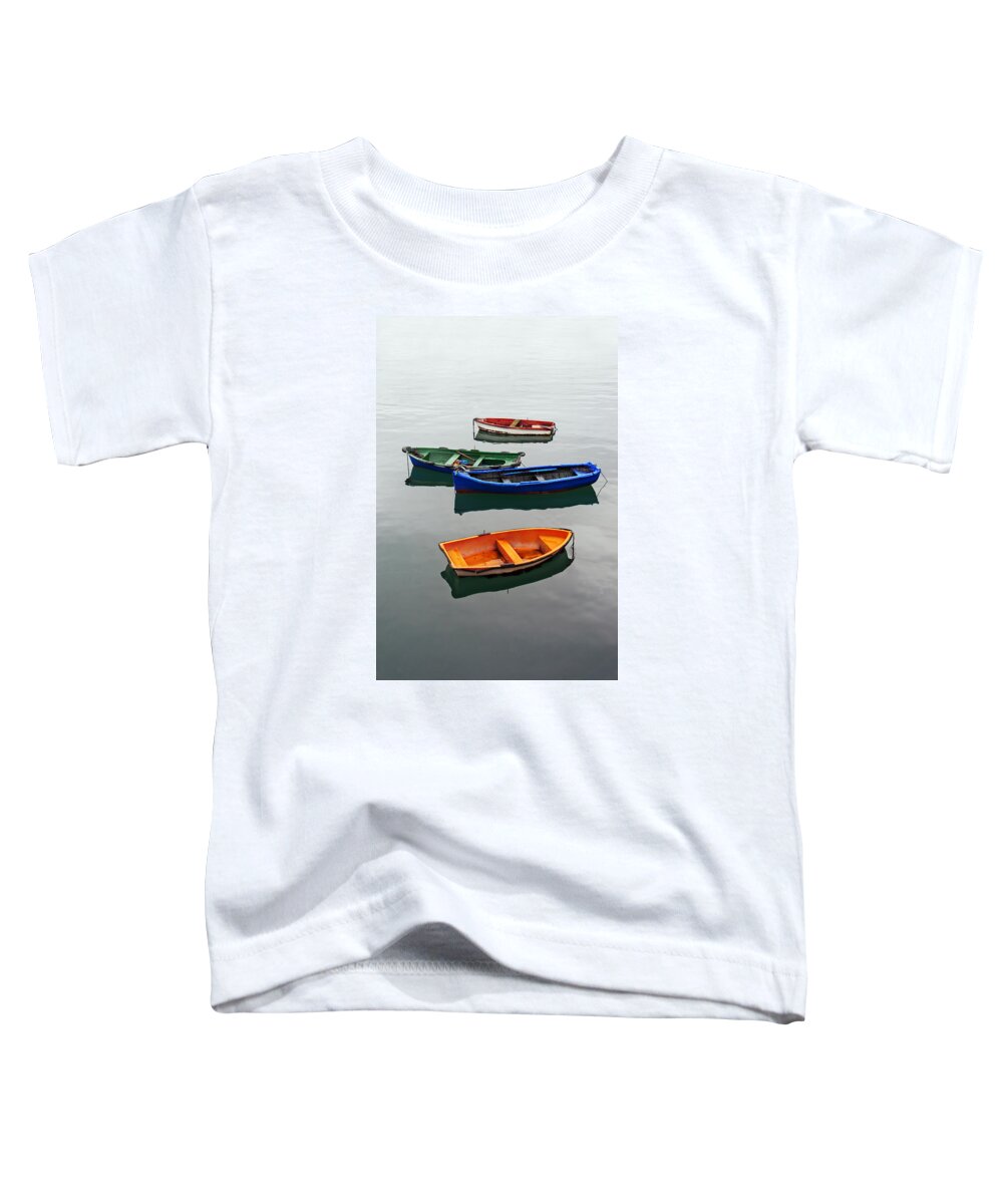 Fishing Toddler T-Shirt featuring the photograph colorful boats on Santurtzi by Mikel Martinez de Osaba