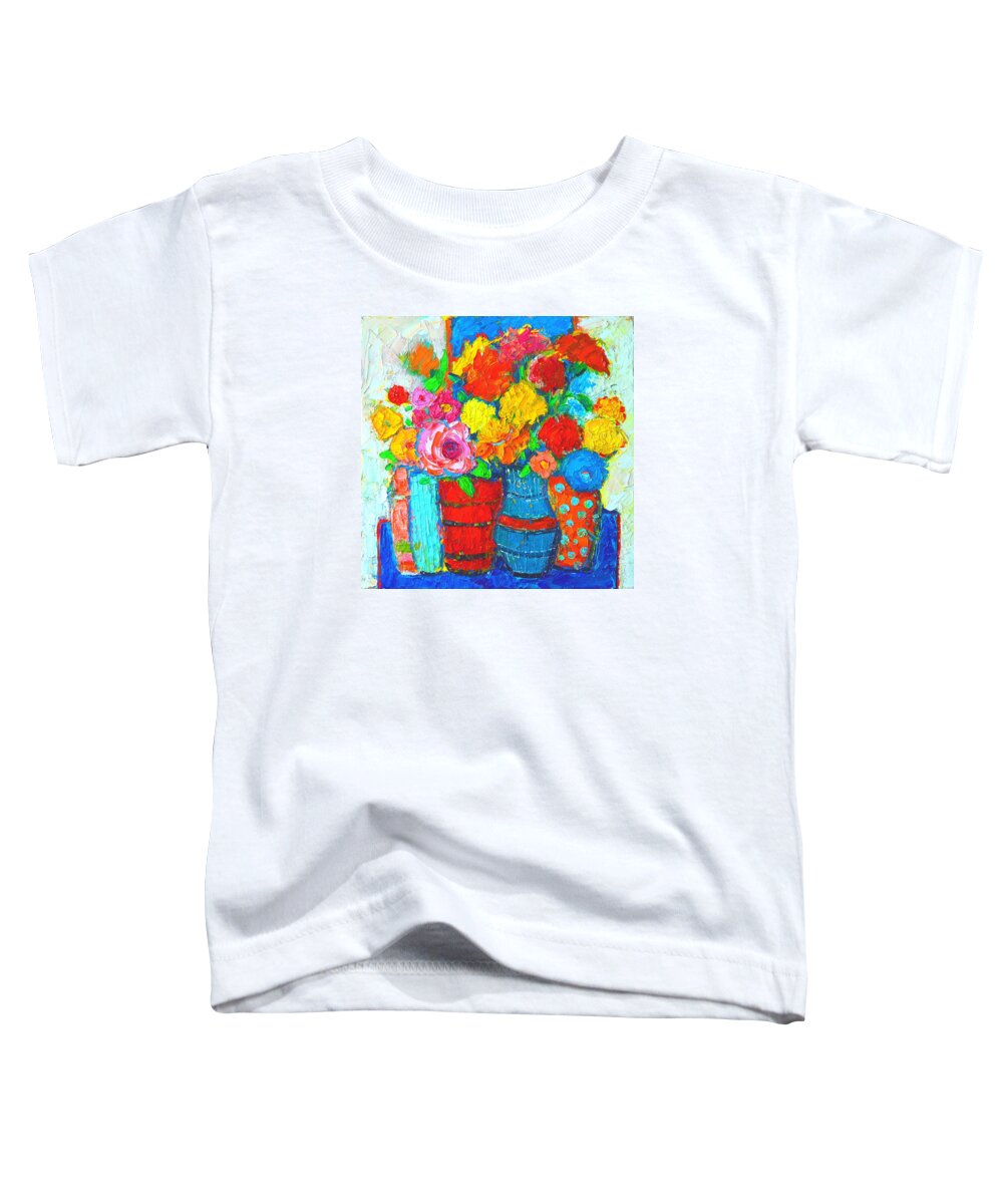 Flowers Toddler T-Shirt featuring the painting Colorful Vases And Flowers - Abstract Expressionist Painting by Ana Maria Edulescu
