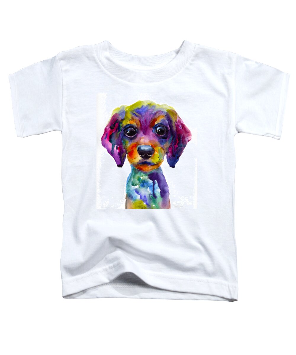 Whimsical Art Toddler T-Shirt featuring the painting Colorful whimsical Daschund Dog puppy art by Svetlana Novikova