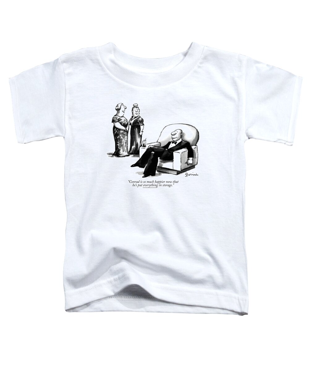 

 Man Relaxing In Armchair As Wife Talks To Friend About Him. 
Men Toddler T-Shirt featuring the drawing Conrad Is So Much Happier Now That He's Put by Eldon Dedini