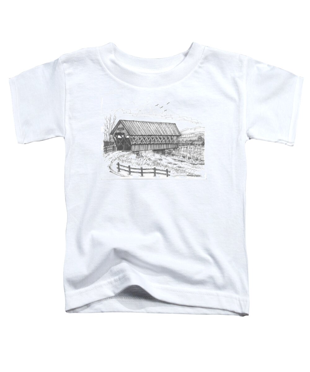 Covered Bridge Toddler T-Shirt featuring the drawing Covered Bridge Coventry Vermont by Richard Wambach