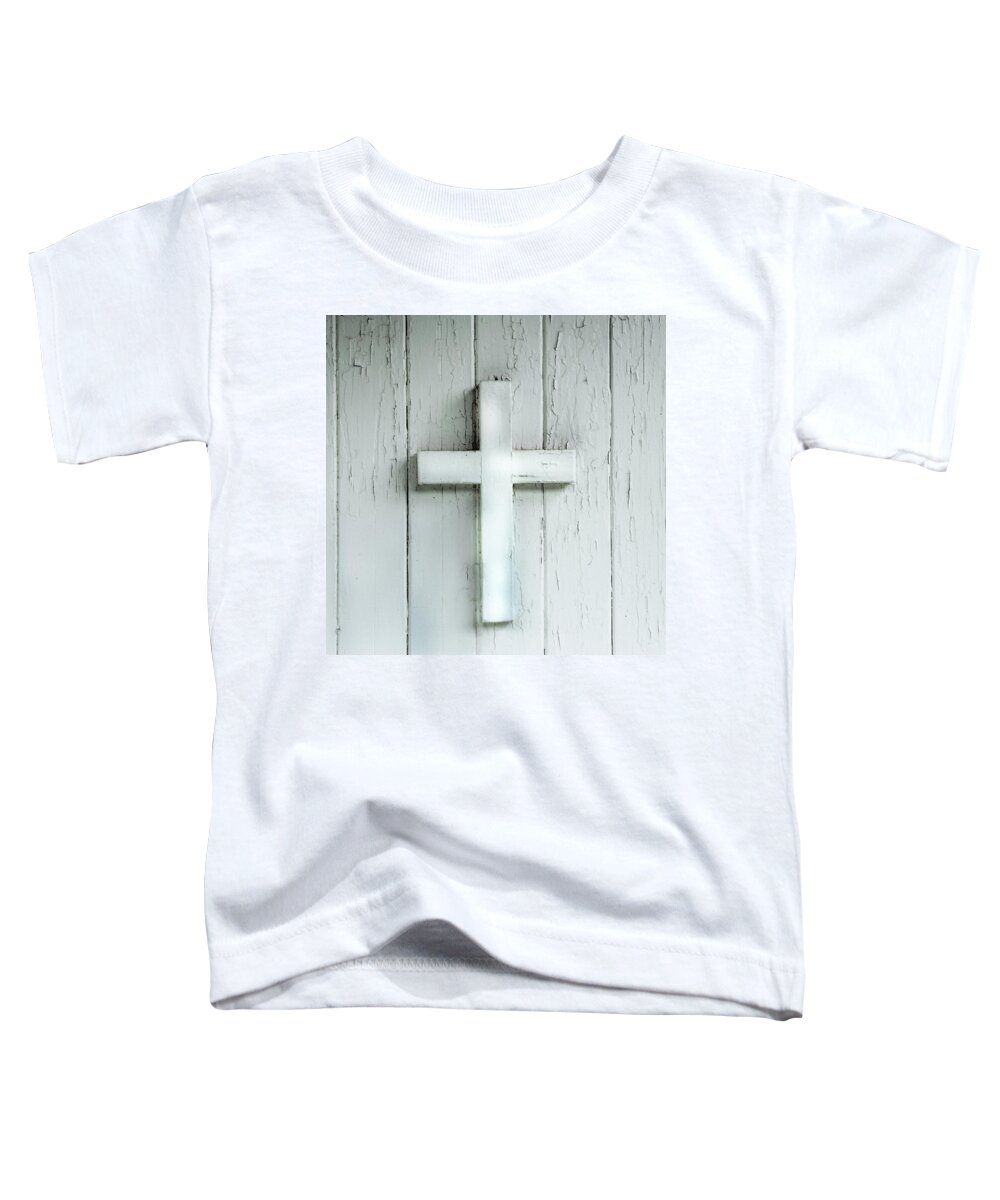 Evie Toddler T-Shirt featuring the photograph Cross on Holy Angels Sugar Island Michigan by Evie Carrier