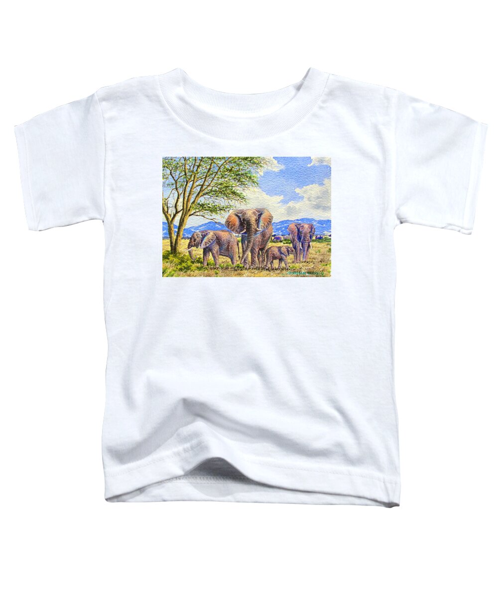 African Paintings Toddler T-Shirt featuring the painting Elephants by Joseph Thiongo