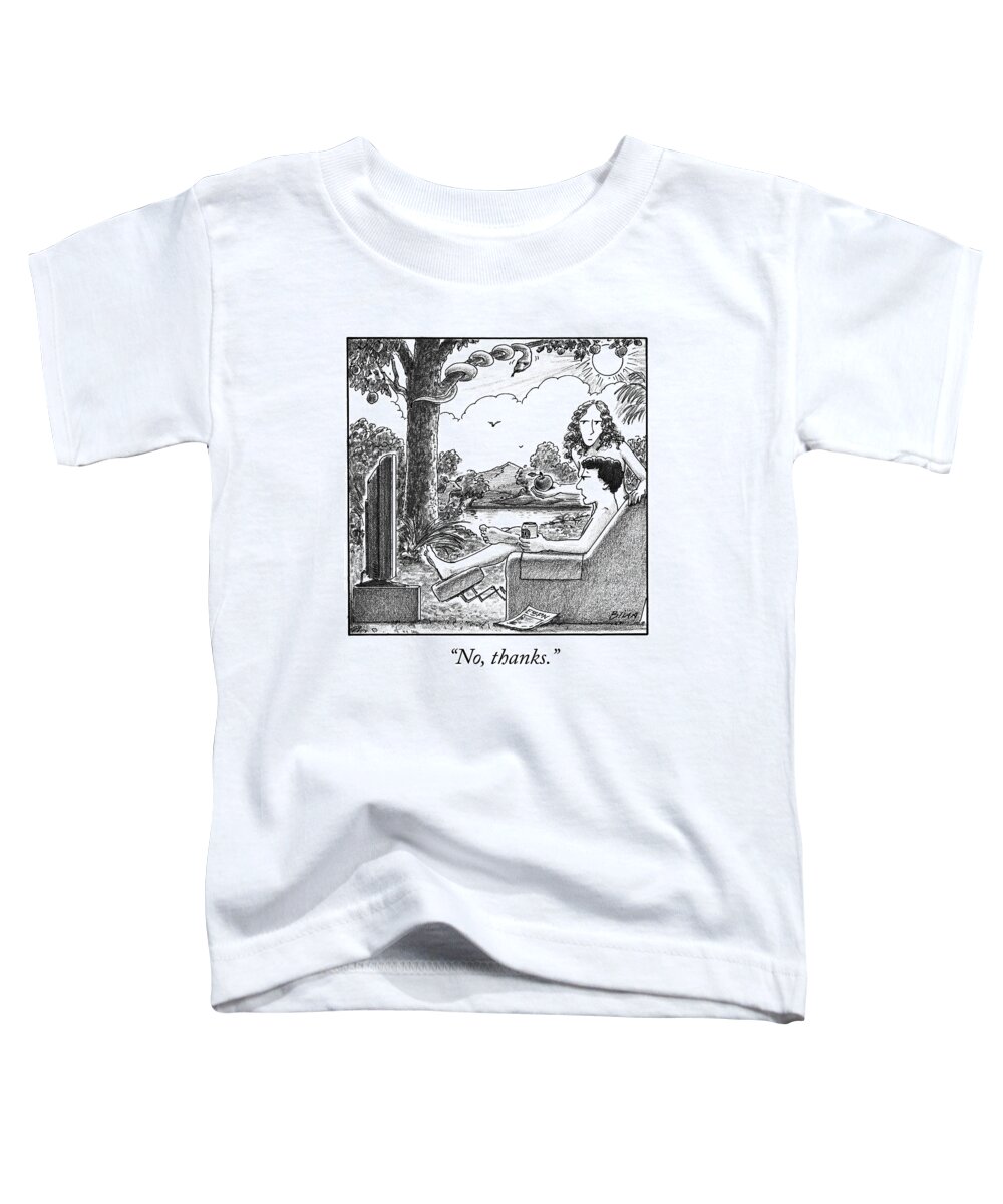 Ino Thanks.i Adam And Eve Toddler T-Shirt featuring the drawing Eve Offers Adam An Apple by Harry Bliss