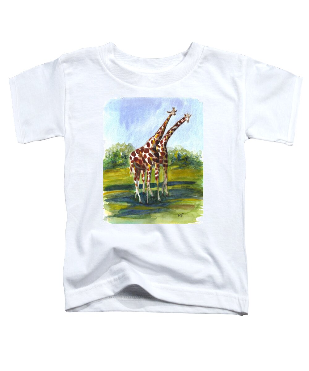 Giraffe Toddler T-Shirt featuring the painting Giraffe twins by Clara Sue Beym