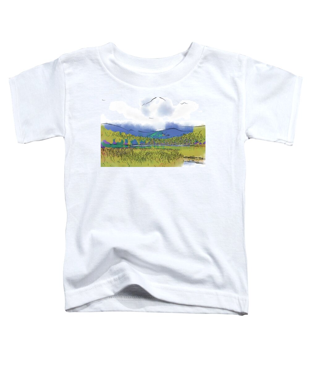 Mountain Toddler T-Shirt featuring the digital art Mountain Meadow Lake by Kirt Tisdale