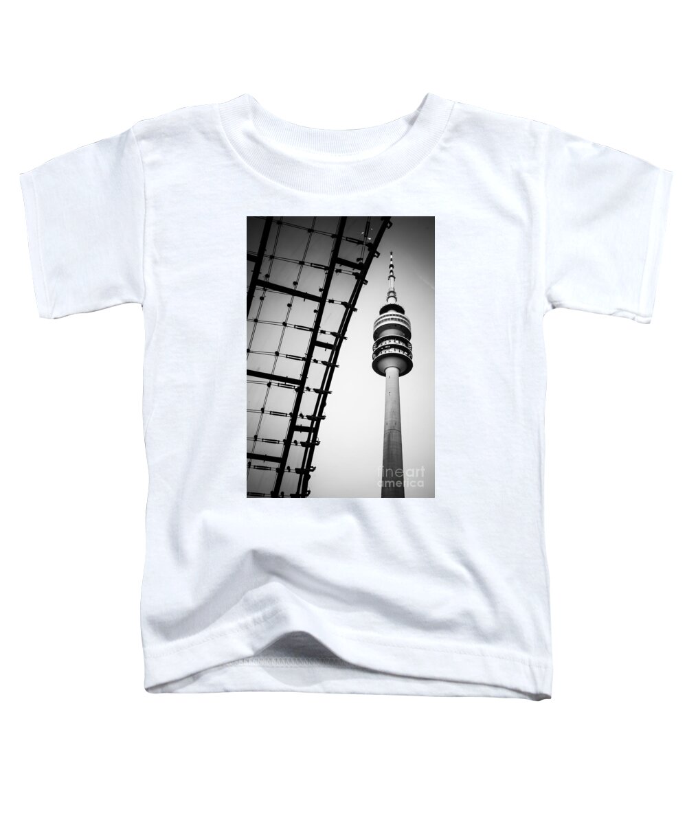 Architecture Toddler T-Shirt featuring the photograph Munich - Olympiaturm And The Roof - Bw by Hannes Cmarits