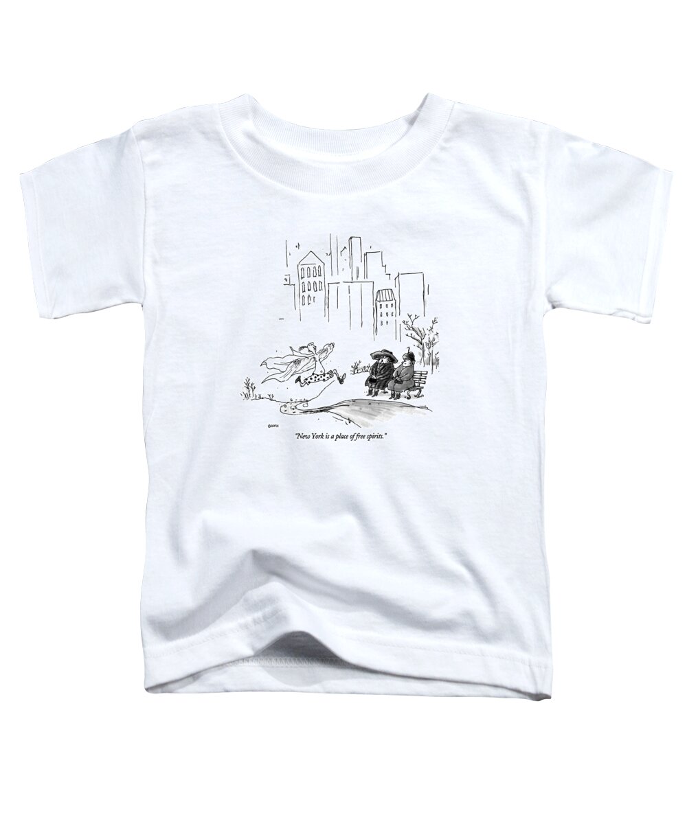 

(elderly Woman To Another Sitting On A Park Bench In Central Park Toddler T-Shirt featuring the drawing New York Is A Place Of Free Spirits by George Booth