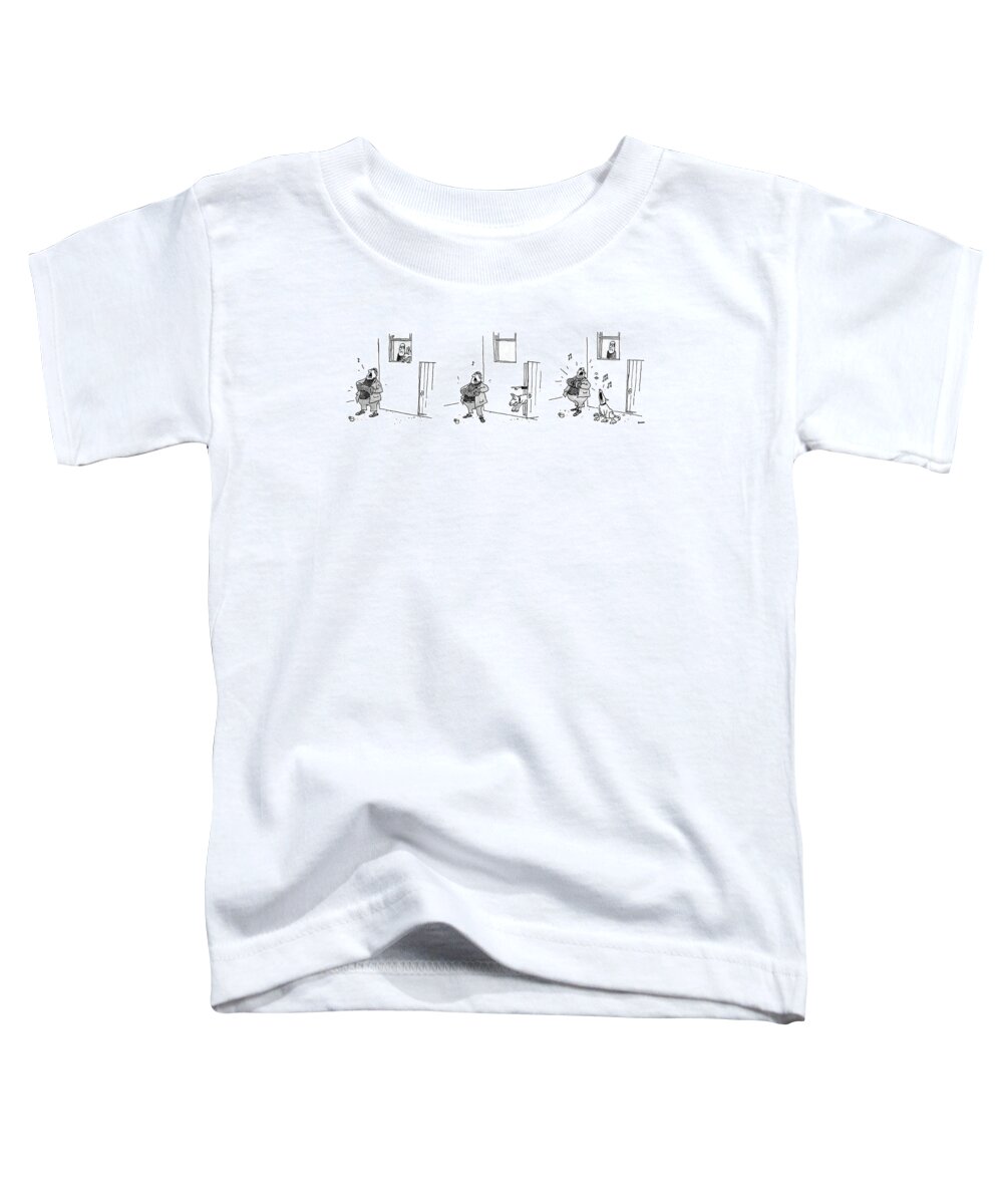 (3 Drawings. A Man Plays A Accordion Beneath A Window. The Man In Window Looks Annoyed And Puts Dog Out To Scare Him Away. The Dog Ends Up Howling Along With The Musician Instead.) Urban Toddler T-Shirt featuring the drawing New Yorker August 31st, 1987 by George Booth