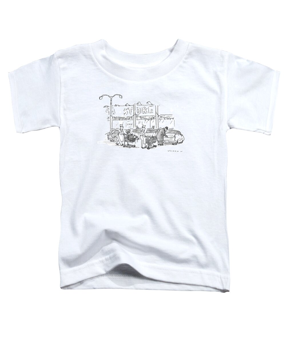 (store Clerks Wheeling Out Shopping Carts To Man Opening His Car Trunk. One Shopping Cart Contains Packages The Other Has His Wife Tied Up And Gagged.) Relationships Toddler T-Shirt featuring the drawing New Yorker November 30th, 1998 by Bill Woodman