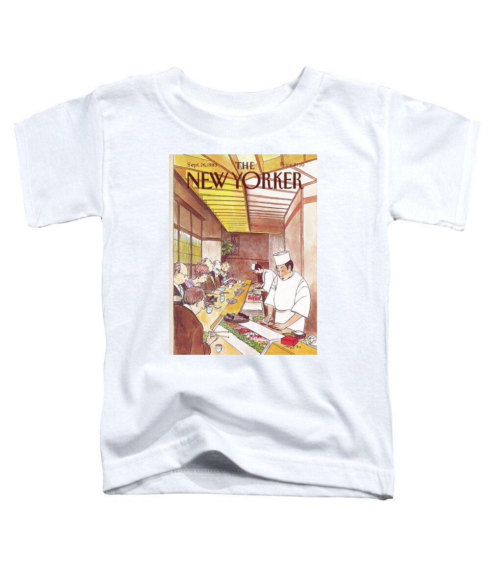 (japanese Chefs Prepare Dinners At Sushi Bar For Seated Customers.) Dining High Class Foreign Japan Sashimi Restaurants Charles Saxon Csa Artkey 46217 Toddler T-Shirt featuring the painting New Yorker September 26th, 1983 by Charles Saxon