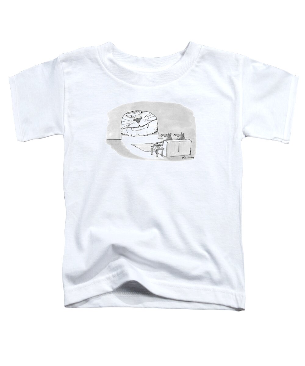 (two Mice Sitting On A Couch Eating Snacks While Watching A Cat's Face In Their Entrance As If It Were A Giant Screen T.v. Or Movie Screen.) Media Toddler T-Shirt featuring the drawing New Yorker September 28th, 1998 by Mike Twohy