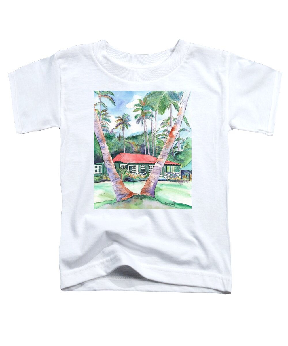 Plantation Cottage Toddler T-Shirt featuring the painting Peeking Between the Palm Trees 2 by Marionette Taboniar